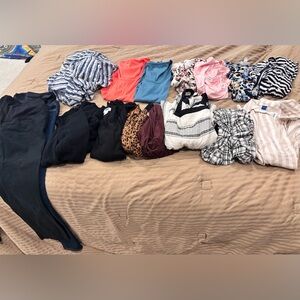 Maternity clothing bundle: dresses, sweaters, tops, pants. Sizes S & 0